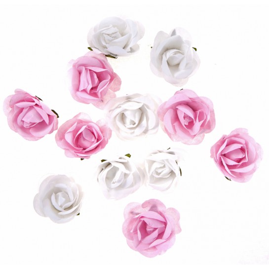 Popierinės gėlės ROŽĖS 12vnt baltos+rausvos
