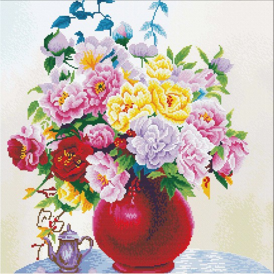 Siuvinėjimo kryželiu rinkinys CABBAGE ROSES in a VASE 40x40