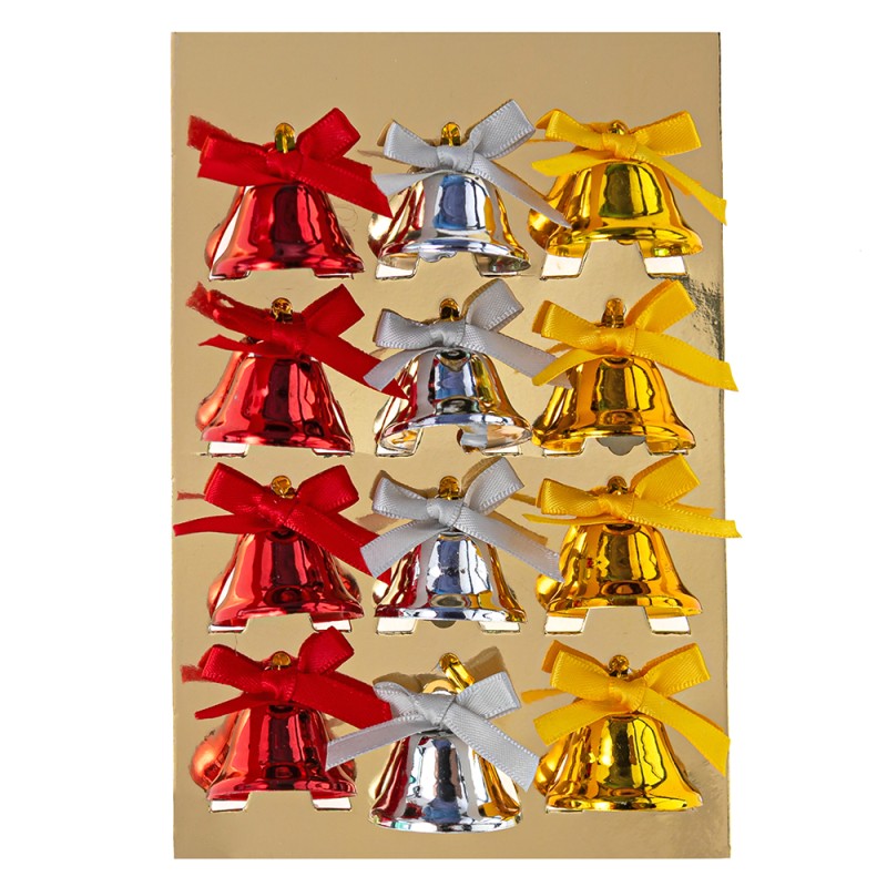 Varpeliai metaliniai su kaspinais 12vnt raudoni, auksiniai, sidabriniai